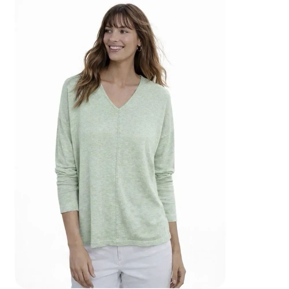 J Jill V Neck Organic Cotton Sweater Size L Seamed Long Sleeve Top Sage Green